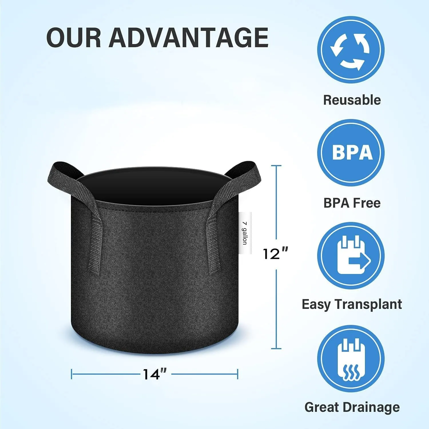iPower 7 Gallon 5 Pack Grow Bags Nonwoven Fabric Pots Aeration Container with Strap Handles for Garden and Planting, 5-Pack Black, 7 Gallon