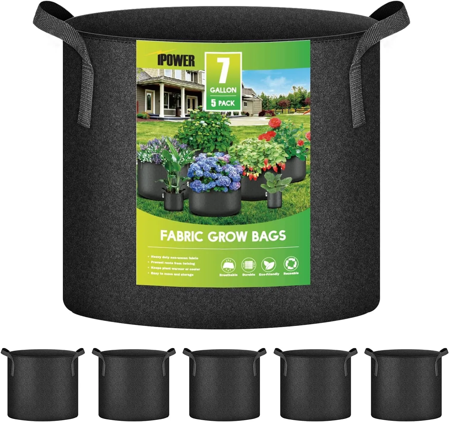 iPower 7 Gallon 5 Pack Grow Bags Nonwoven Fabric Pots Aeration Container with Strap Handles for Garden and Planting, 5-Pack Black, 7 Gallon