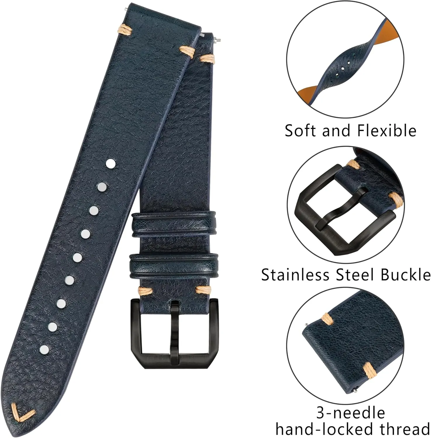 Italian Leather Watch Bands,Top Grain Tuscany Natural Vegetable-Tanned Genuine Leather Watch Straps, Calfskin Watchbands Replacement Strap for Men Women 16mm 18mm 19mm 20mm 21mm 22mm Quick Release