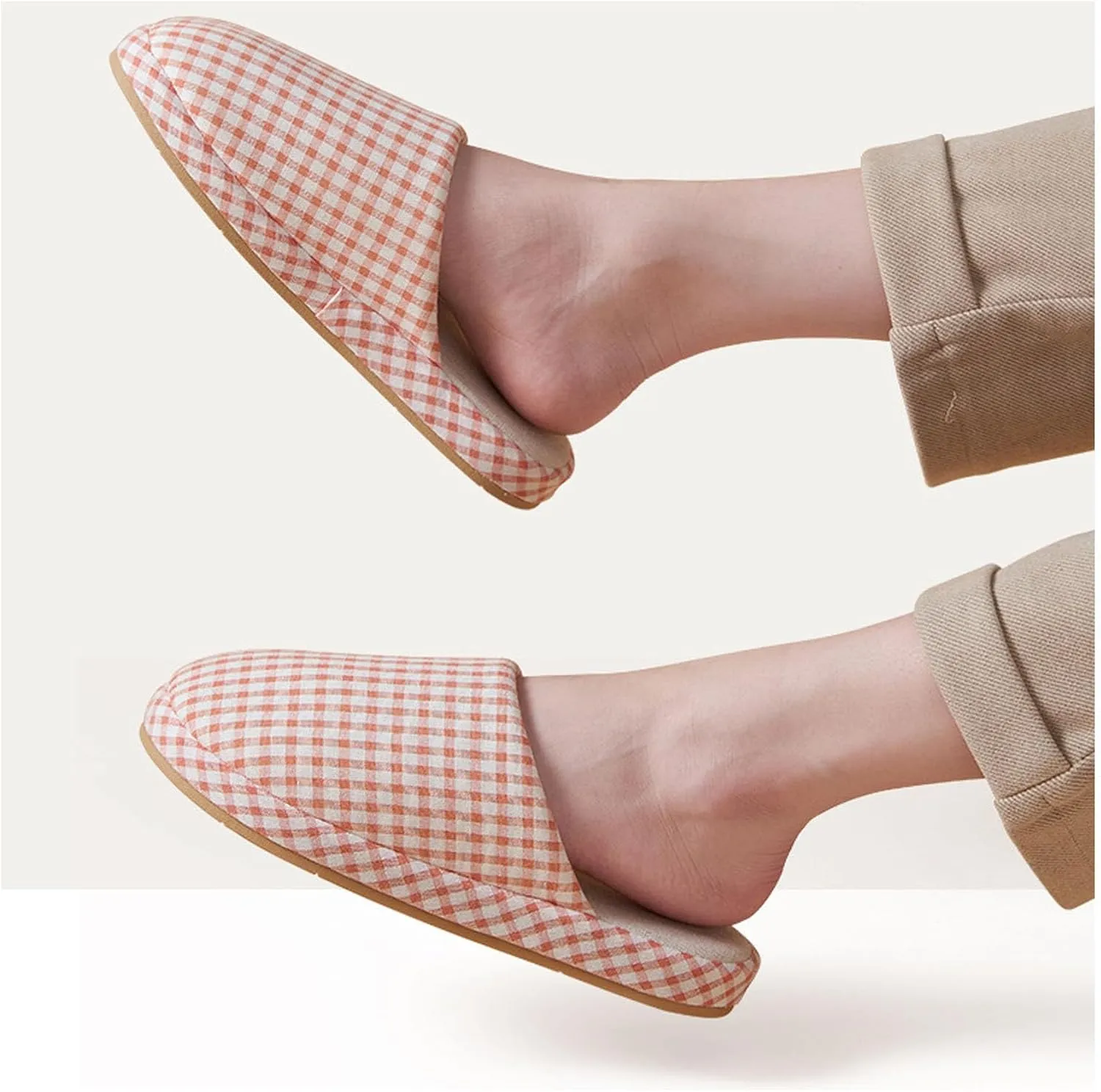 JadeRich Women Men Cotton Memory Foam House Slippers Gingham Plaid Soft Cozy Breathable Non-Slip Indoor Shoes