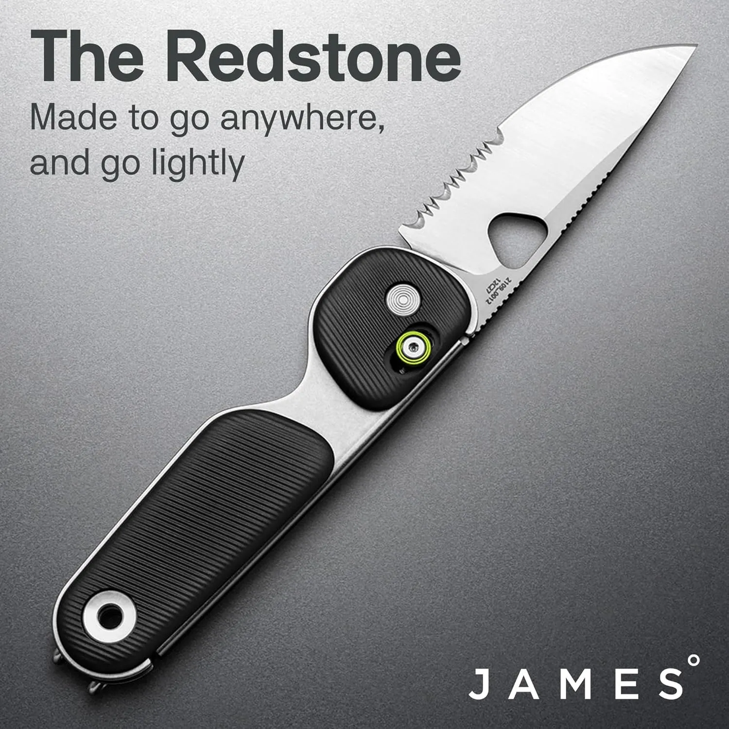 JAMES° The Redstone Folding Pocket Knife, Compact and Lightweight EDC, One-Piece Die-Stamped Chassis, and TJB Slide-Lock Design, 2.5" Stainless Steel Blade, Black Grip