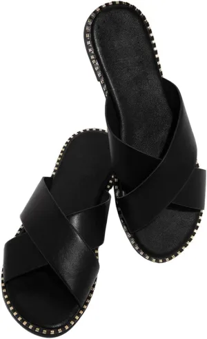 Jeimpoey Womens Studded Flat Sandals Open Toe Slip on Mule Slides Crossed Strap Slipper
