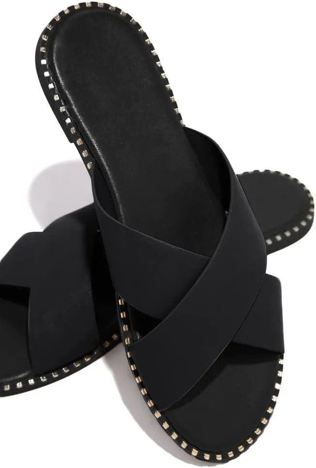 Jeimpoey Womens Studded Flat Sandals Open Toe Slip on Mule Slides Crossed Strap Slipper