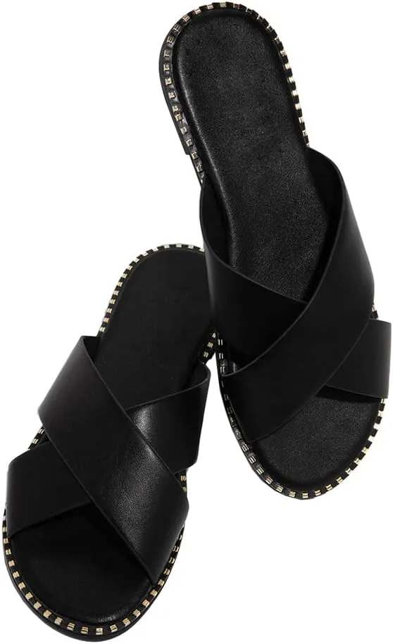 Jeimpoey Womens Studded Flat Sandals Open Toe Slip on Mule Slides Crossed Strap Slipper