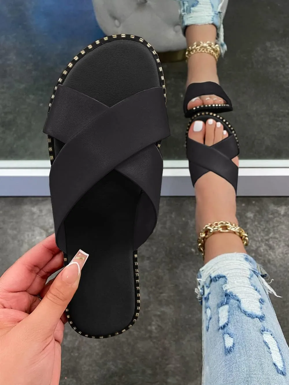 Jeimpoey Womens Studded Flat Sandals Open Toe Slip on Mule Slides Crossed Strap Slipper