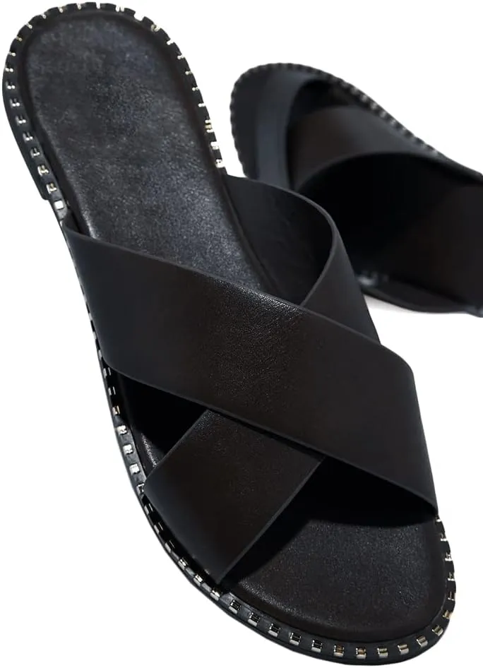 Jeimpoey Womens Studded Flat Sandals Open Toe Slip on Mule Slides Crossed Strap Slipper