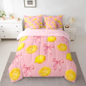 jejeloiu Pink Bow Kids Comforter Set with Sheets,Boys Girls Queen Size,Large Lemon 7 Piece Bedding Set,Cute Coquette Bow Knot Ultra Soft Bed in a bag,Lemon Pattern All Season Bedroom Decor,Pink Yellow
