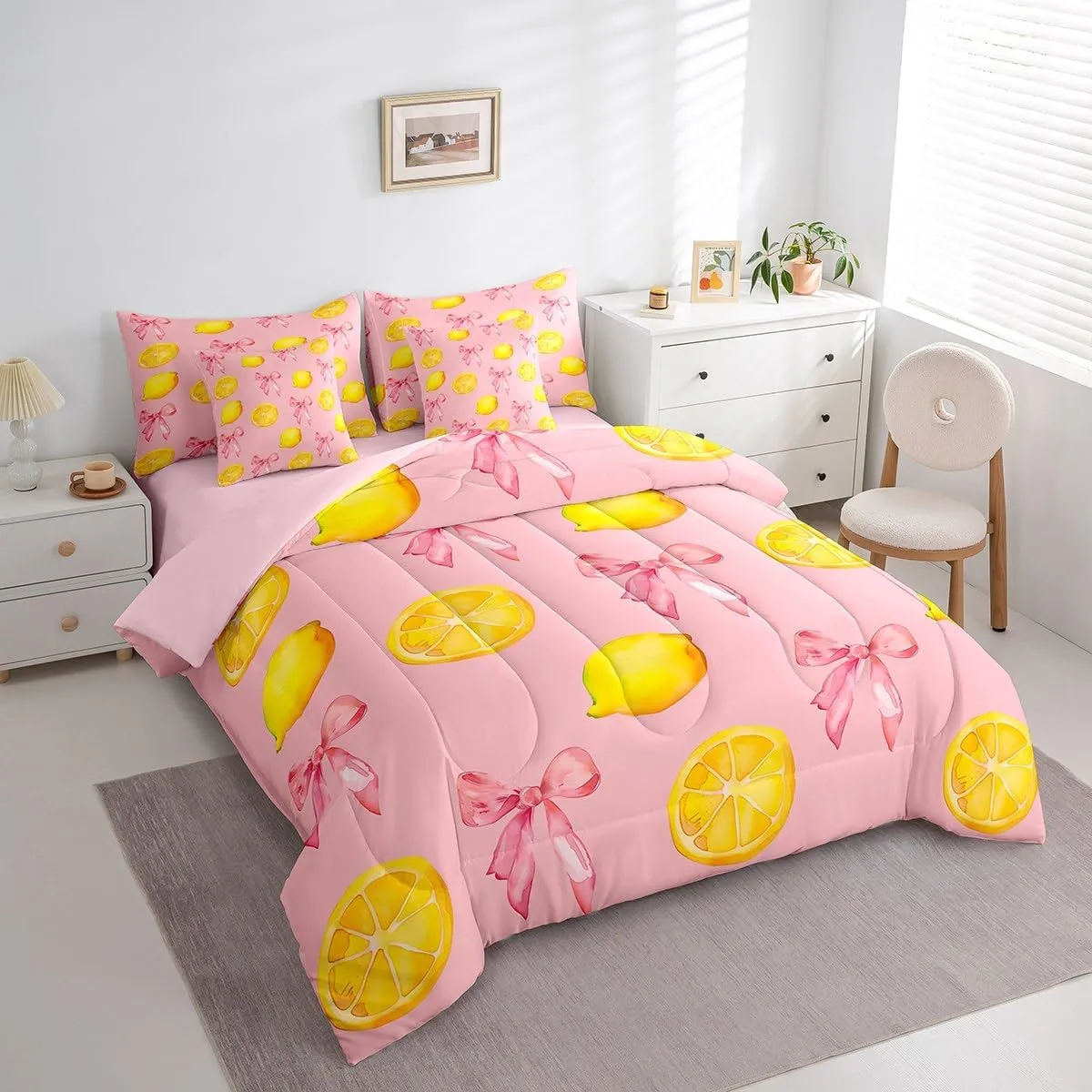 jejeloiu Pink Bow Kids Comforter Set with Sheets,Boys Girls Queen Size,Large Lemon 7 Piece Bedding Set,Cute Coquette Bow Knot Ultra Soft Bed in a bag,Lemon Pattern All Season Bedroom Decor,Pink Yellow