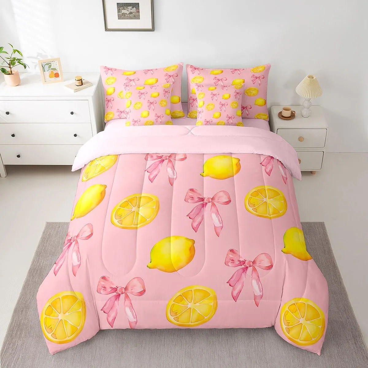 jejeloiu Pink Bow Kids Comforter Set with Sheets,Boys Girls Queen Size,Large Lemon 7 Piece Bedding Set,Cute Coquette Bow Knot Ultra Soft Bed in a bag,Lemon Pattern All Season Bedroom Decor,Pink Yellow