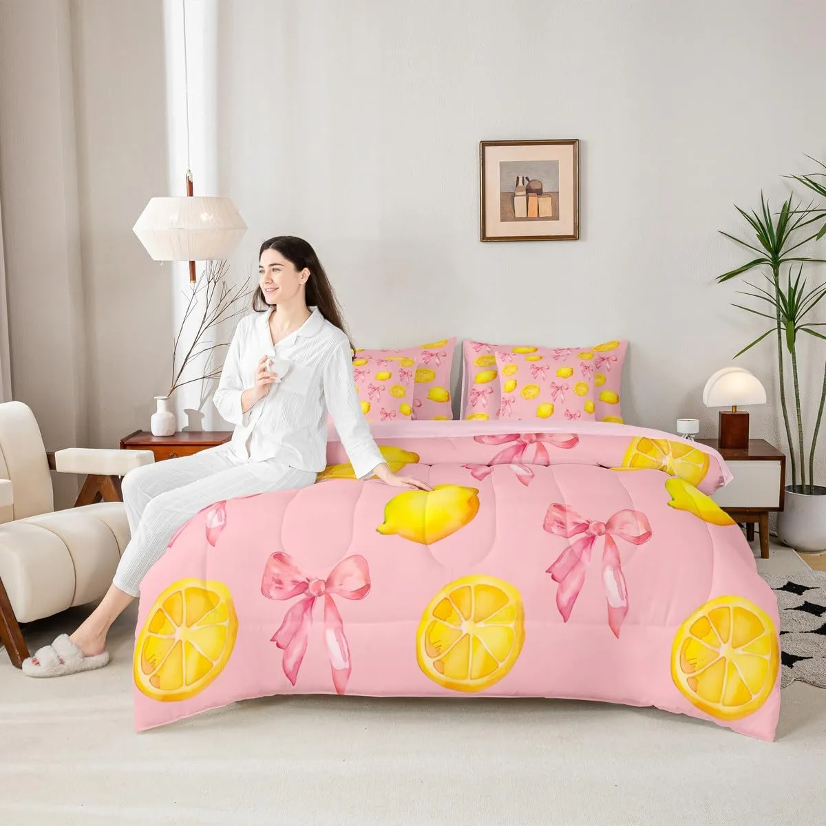 jejeloiu Pink Bow Kids Comforter Set with Sheets,Boys Girls Queen Size,Large Lemon 7 Piece Bedding Set,Cute Coquette Bow Knot Ultra Soft Bed in a bag,Lemon Pattern All Season Bedroom Decor,Pink Yellow