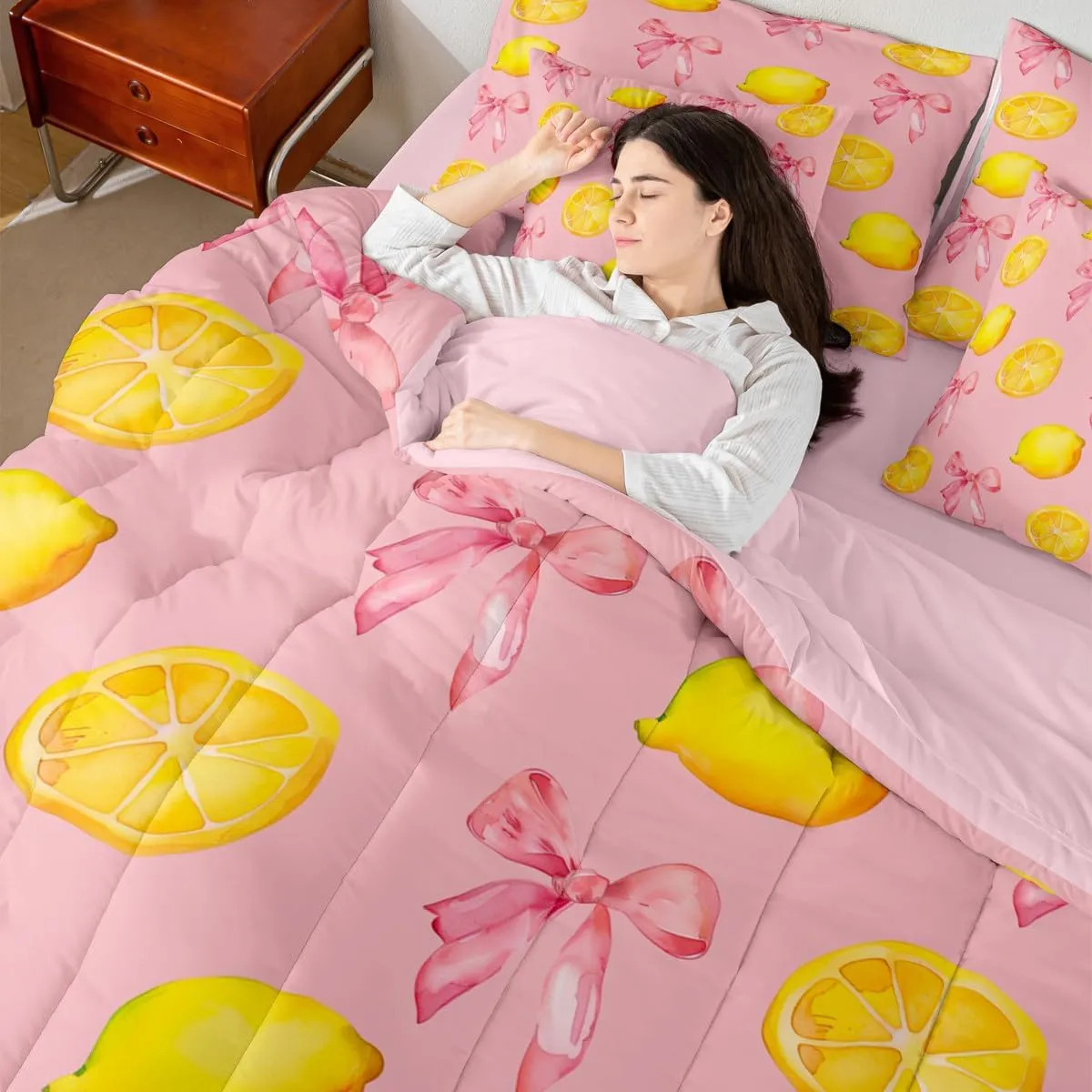 jejeloiu Pink Bow Kids Comforter Set with Sheets,Boys Girls Queen Size,Large Lemon 7 Piece Bedding Set,Cute Coquette Bow Knot Ultra Soft Bed in a bag,Lemon Pattern All Season Bedroom Decor,Pink Yellow