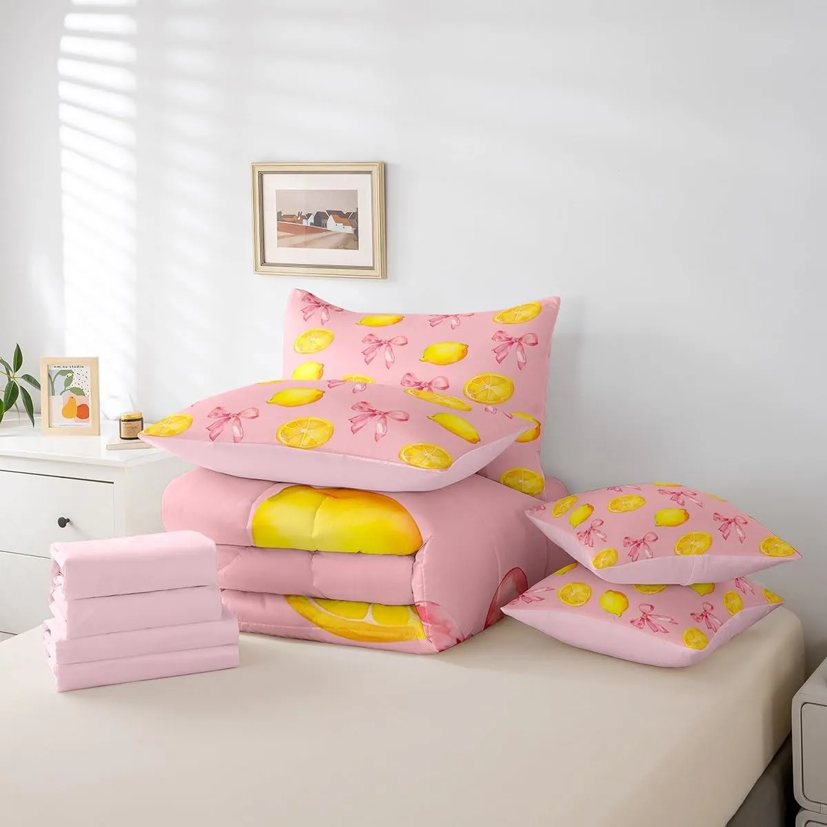 jejeloiu Pink Bow Kids Comforter Set with Sheets,Boys Girls Queen Size,Large Lemon 7 Piece Bedding Set,Cute Coquette Bow Knot Ultra Soft Bed in a bag,Lemon Pattern All Season Bedroom Decor,Pink Yellow