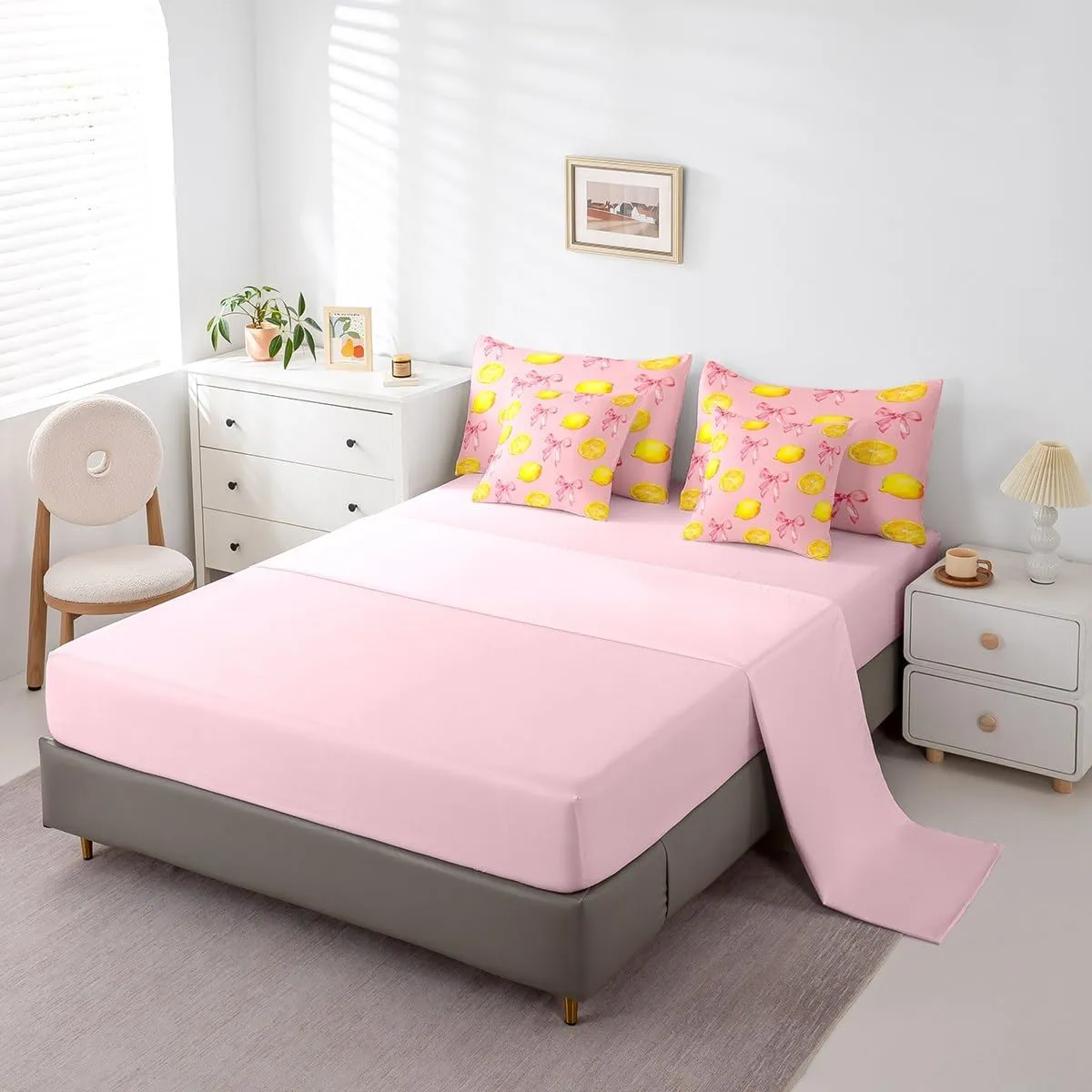 jejeloiu Pink Bow Kids Comforter Set with Sheets,Boys Girls Queen Size,Large Lemon 7 Piece Bedding Set,Cute Coquette Bow Knot Ultra Soft Bed in a bag,Lemon Pattern All Season Bedroom Decor,Pink Yellow