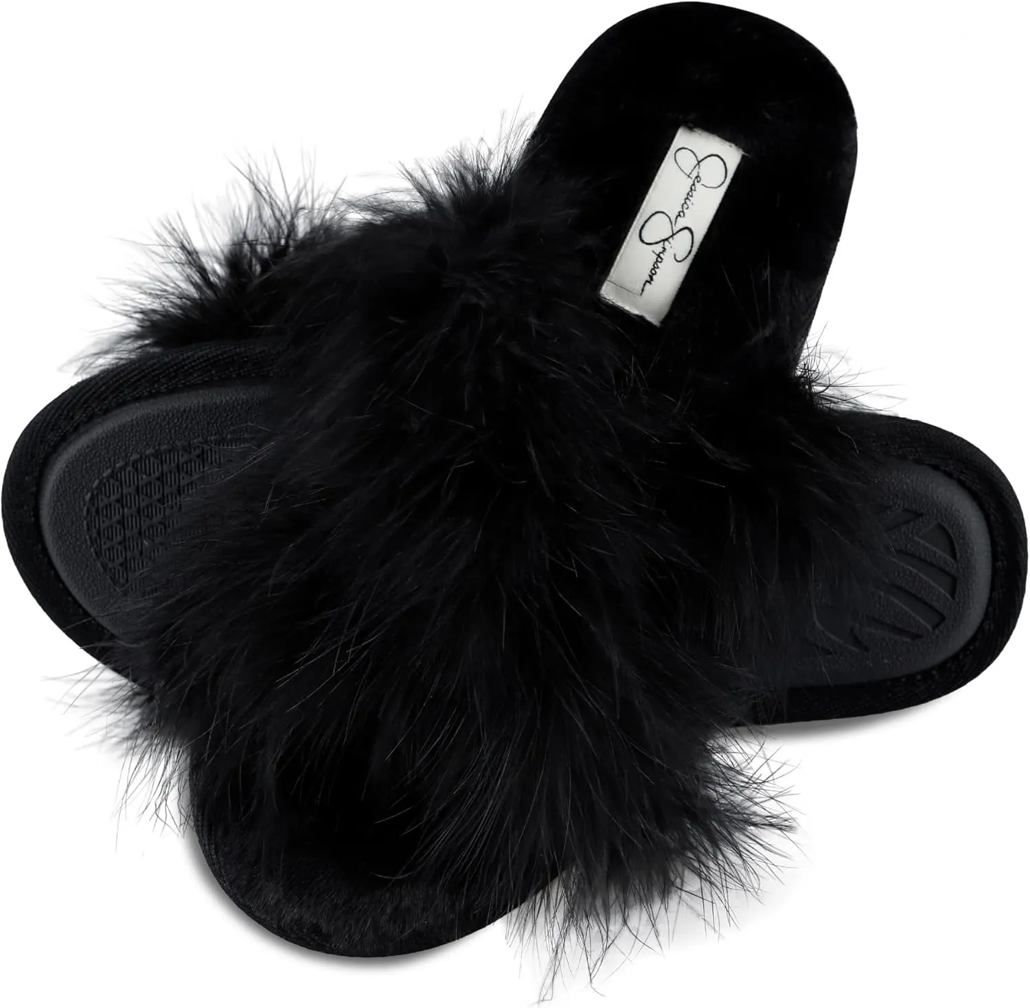 Jessica Simpson Women's Faux Feather Memory Foam Cross Slide Slipper with Anti-Slip Sole