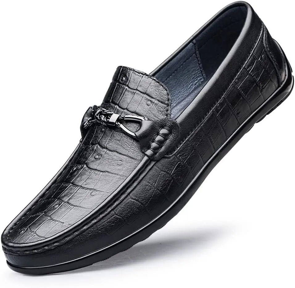 JIADELI Mens Loafers Shoe Round Toe Moccasins Faux Crocodile Print Leather Resistant Anti-Slip Flexible Fashion Slip On