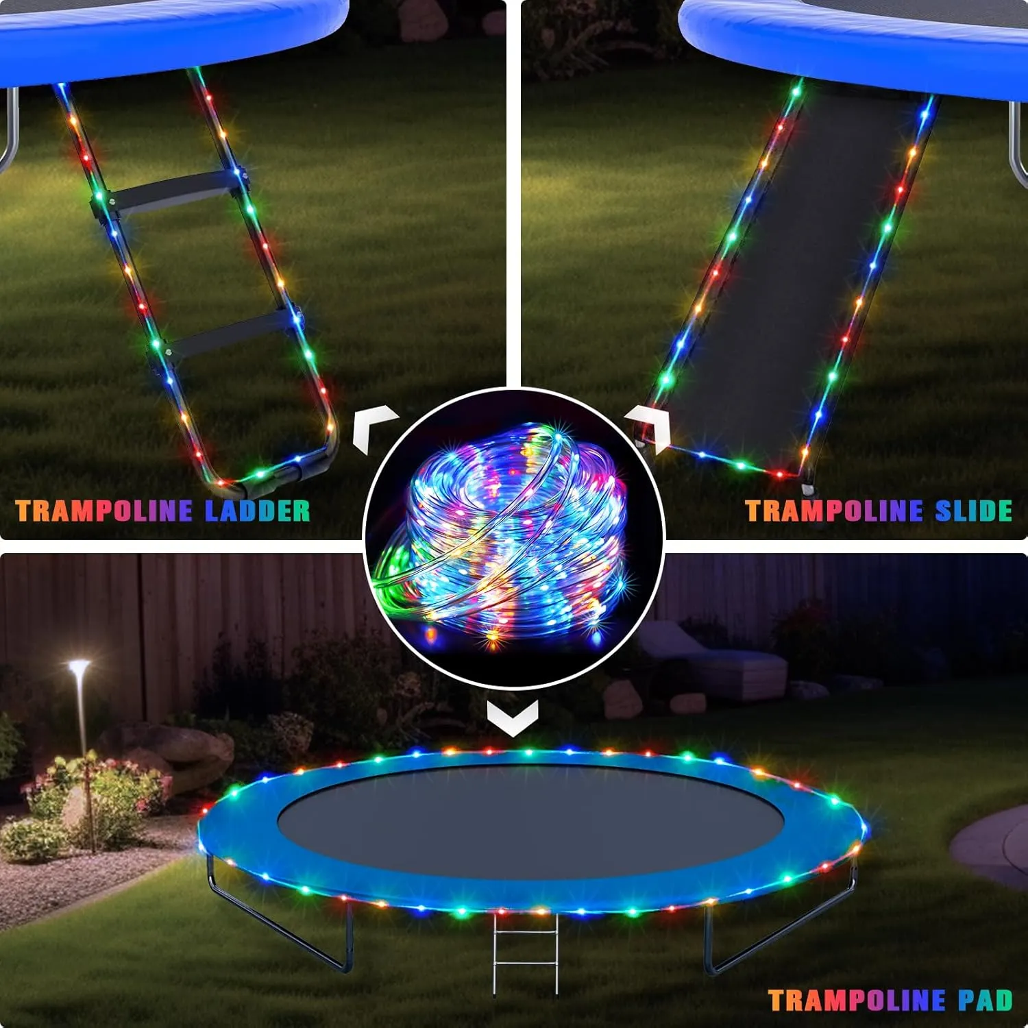 JMEXSUSS 2 * 200 LED Solar Rope Lights, 66ft IP 65 Waterproof Camping Light Outdoor, 8 Modes Trampoline Accessories Solar Trampoline Lights for Camp Ladder Slide Tent (Multicolor)