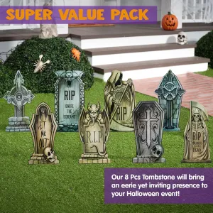JOYIN 8 Pack Halloween Tombstone Yard Decorations, 16.5" Tall Lightweight PVC Yard Signs for Halloween Party, Haunted House, Graveyard and Outdoor Lawn