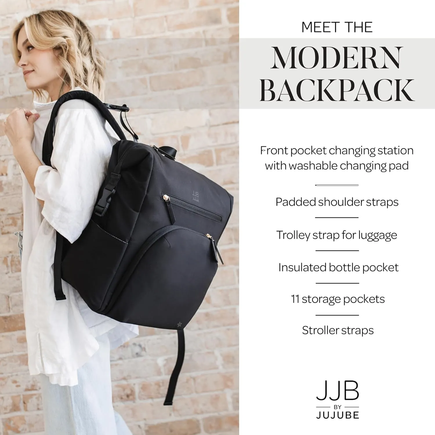 JuJuBe Modern Diaper Bag Backpack with Portable Changing Pad, Stroller Straps, Large Travel Backpack for Boy or Girl, Carrying Baby Bottles, Wipes, Diapers, Pacifiers, Black, Mother's Day Gift