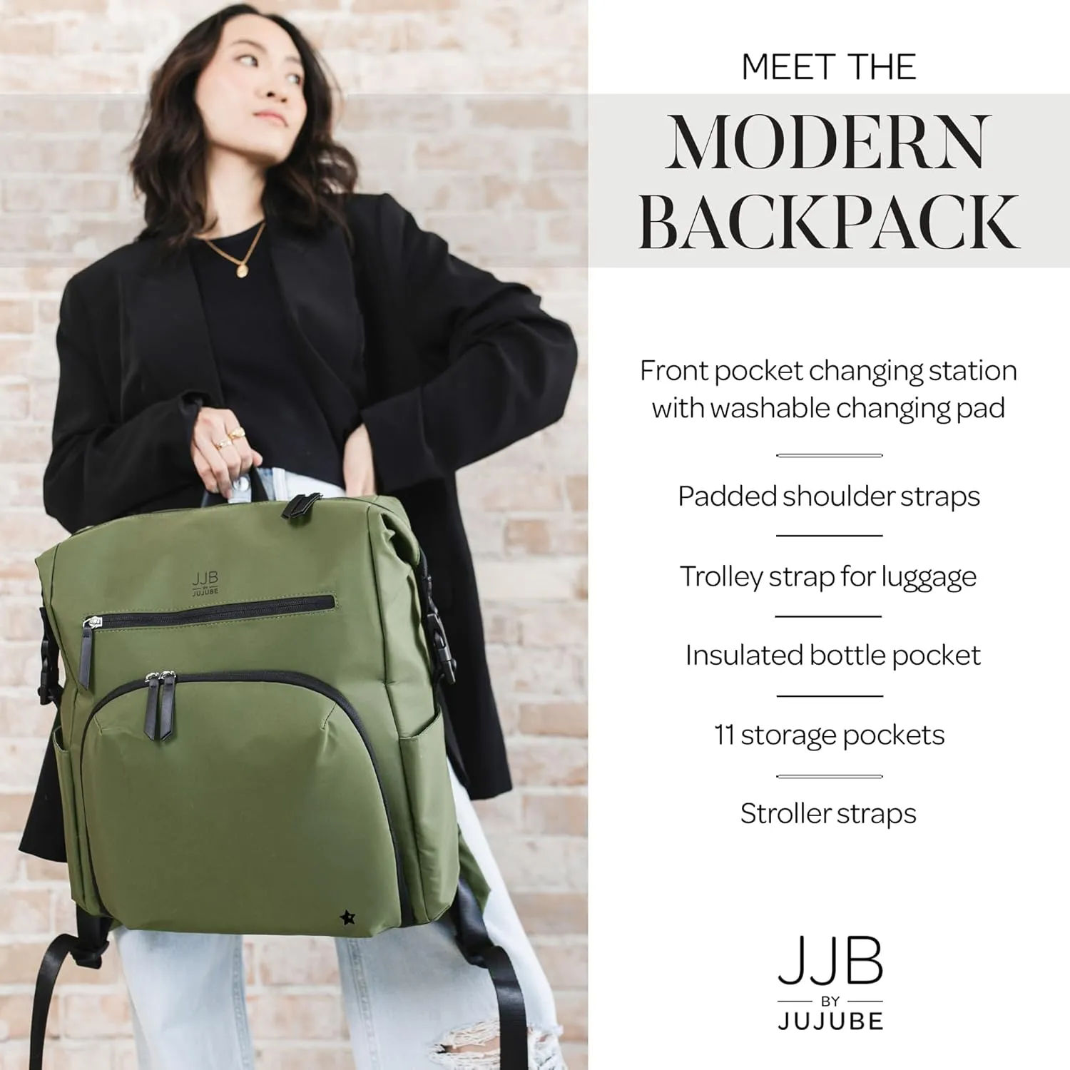 JuJuBe Modern Diaper Bag Backpack with Portable Changing Pad, Stroller Straps, Large Travel Backpack for Boy or Girl, Carrying Baby Bottles, Wipes, Diapers, Pacifiers, Olive, Mother's Day Gift
