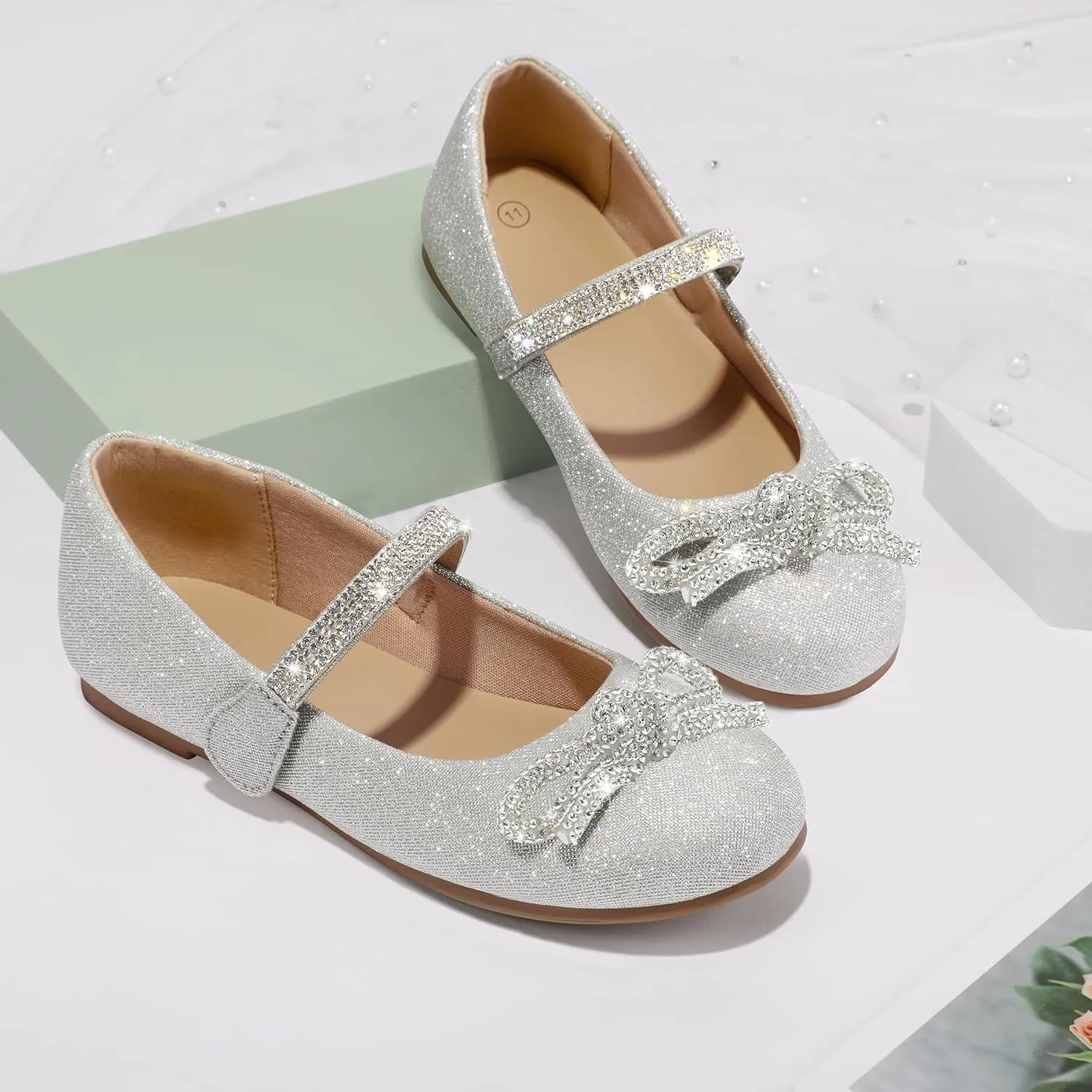 K KomForme Girl's Bow Mary Jane Dress Shoes Ballet Princess Flats with Rhinestone Strap for Party Wedding School, Toddler/Little Kid/Big Kid