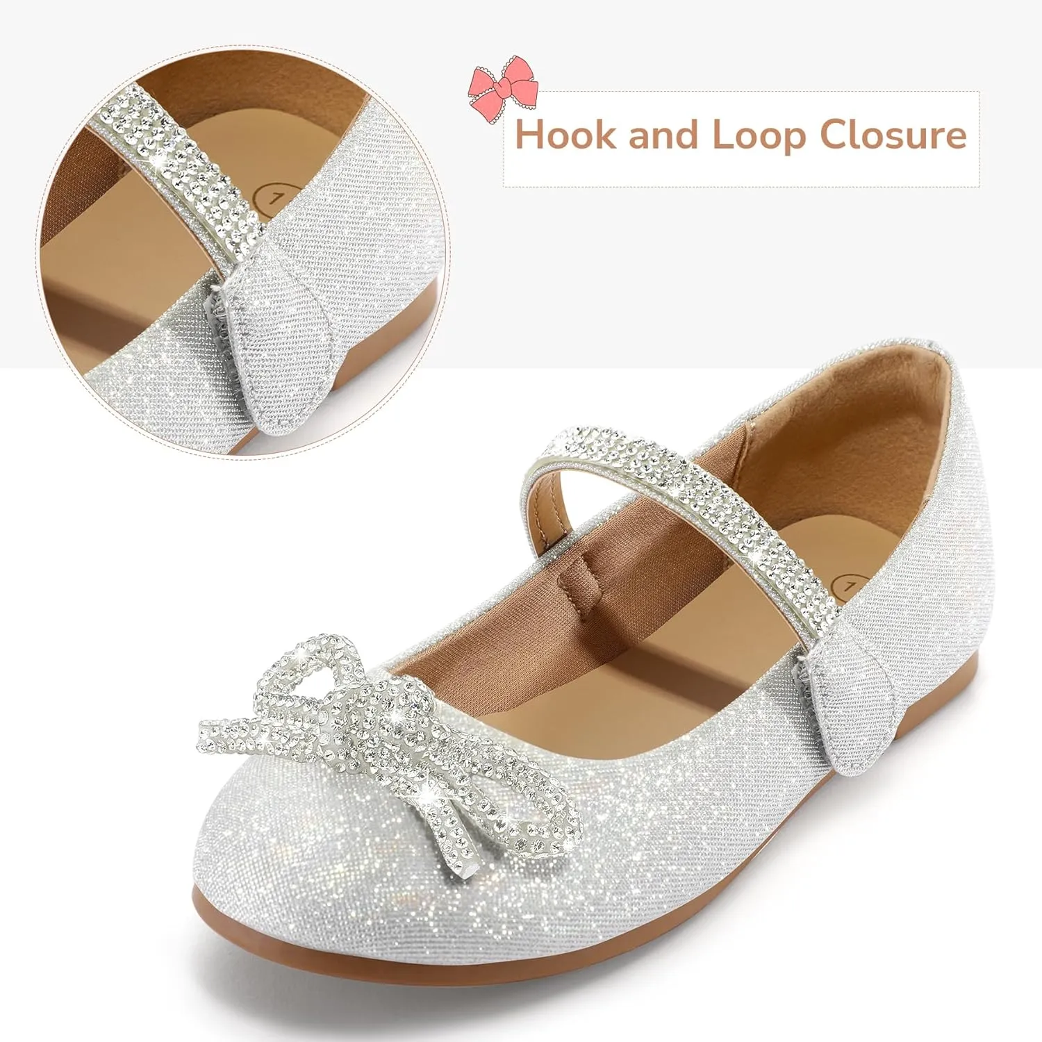 K KomForme Girl's Bow Mary Jane Dress Shoes Ballet Princess Flats with Rhinestone Strap for Party Wedding School, Toddler/Little Kid/Big Kid