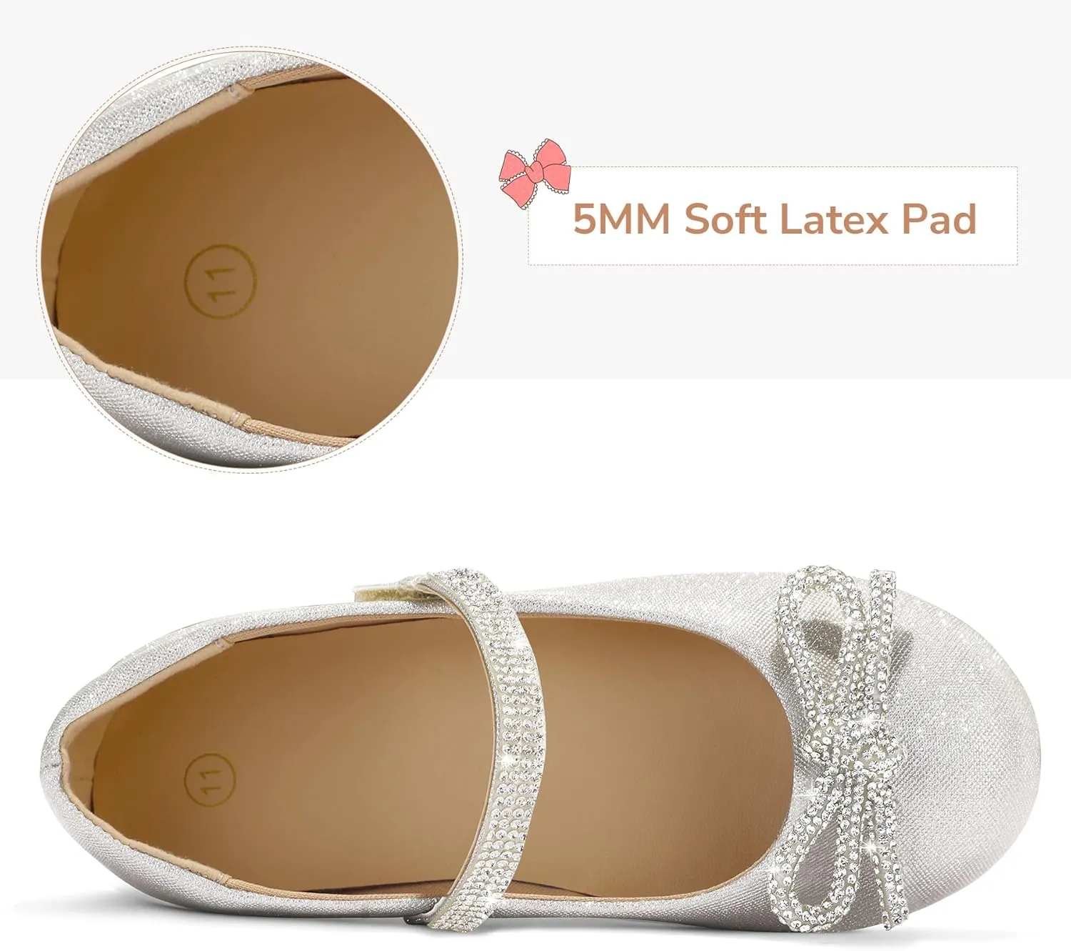 K KomForme Girl's Bow Mary Jane Dress Shoes Ballet Princess Flats with Rhinestone Strap for Party Wedding School, Toddler/Little Kid/Big Kid