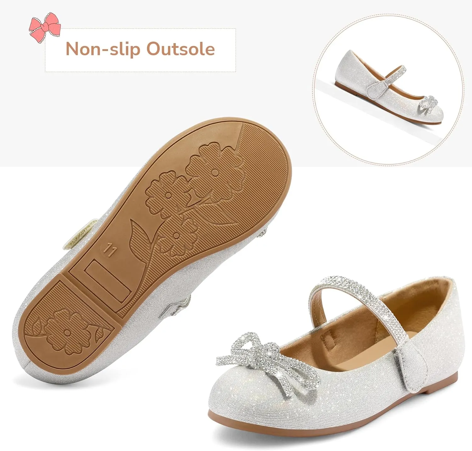K KomForme Girl's Bow Mary Jane Dress Shoes Ballet Princess Flats with Rhinestone Strap for Party Wedding School, Toddler/Little Kid/Big Kid