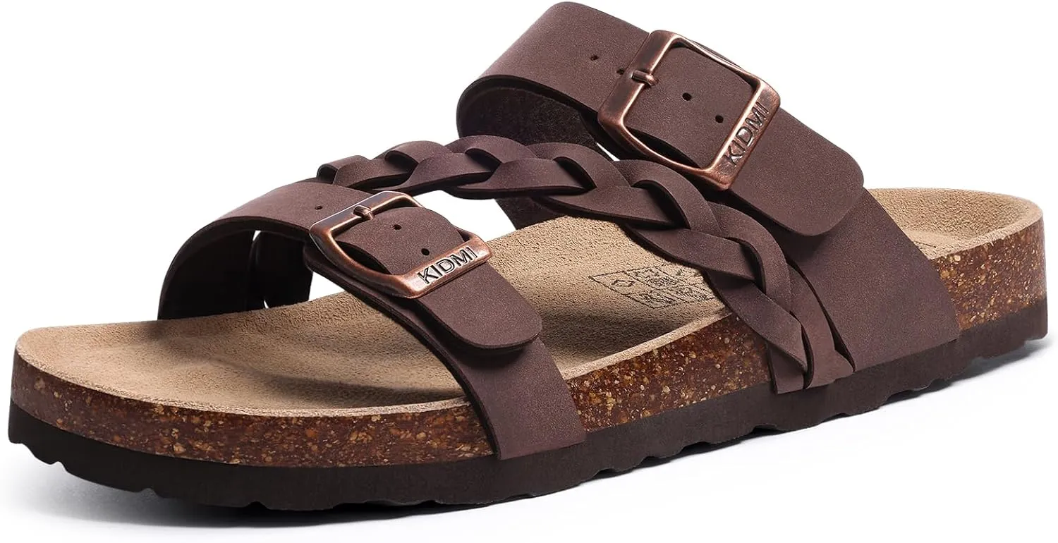 KIDMI Women's Cork Footbed Sandals with Arch Support Comfortable Slip-On Slide Sandals With Adjustable Buckle for Summer