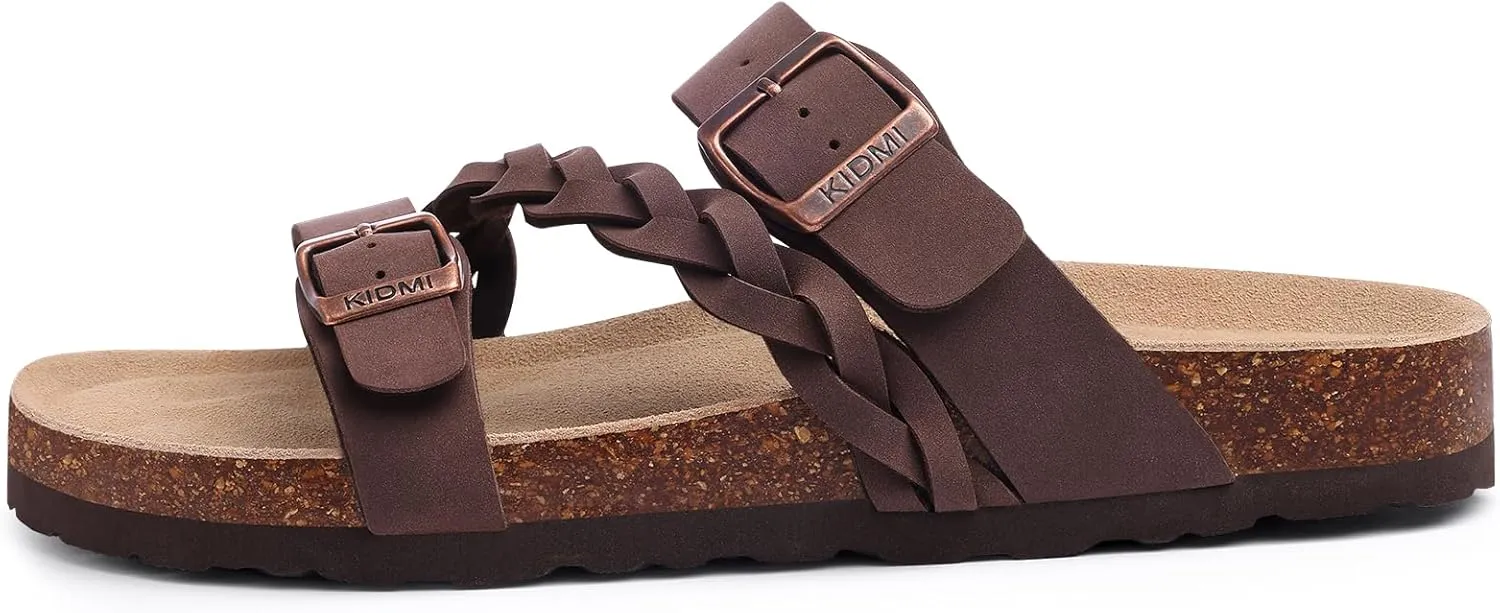 KIDMI Women's Cork Footbed Sandals with Arch Support Comfortable Slip-On Slide Sandals With Adjustable Buckle for Summer