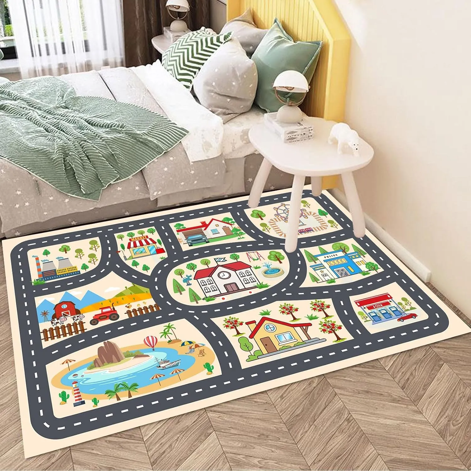 Kids Car Rug Play Mat Carprt for Playroom Classroom, largr Educational Area Rugs with Non-Slip Backing, City Life Play Carpet for Playing Cars Toys Ideal Gift for Children Boy Girl 2.6x3.9ft