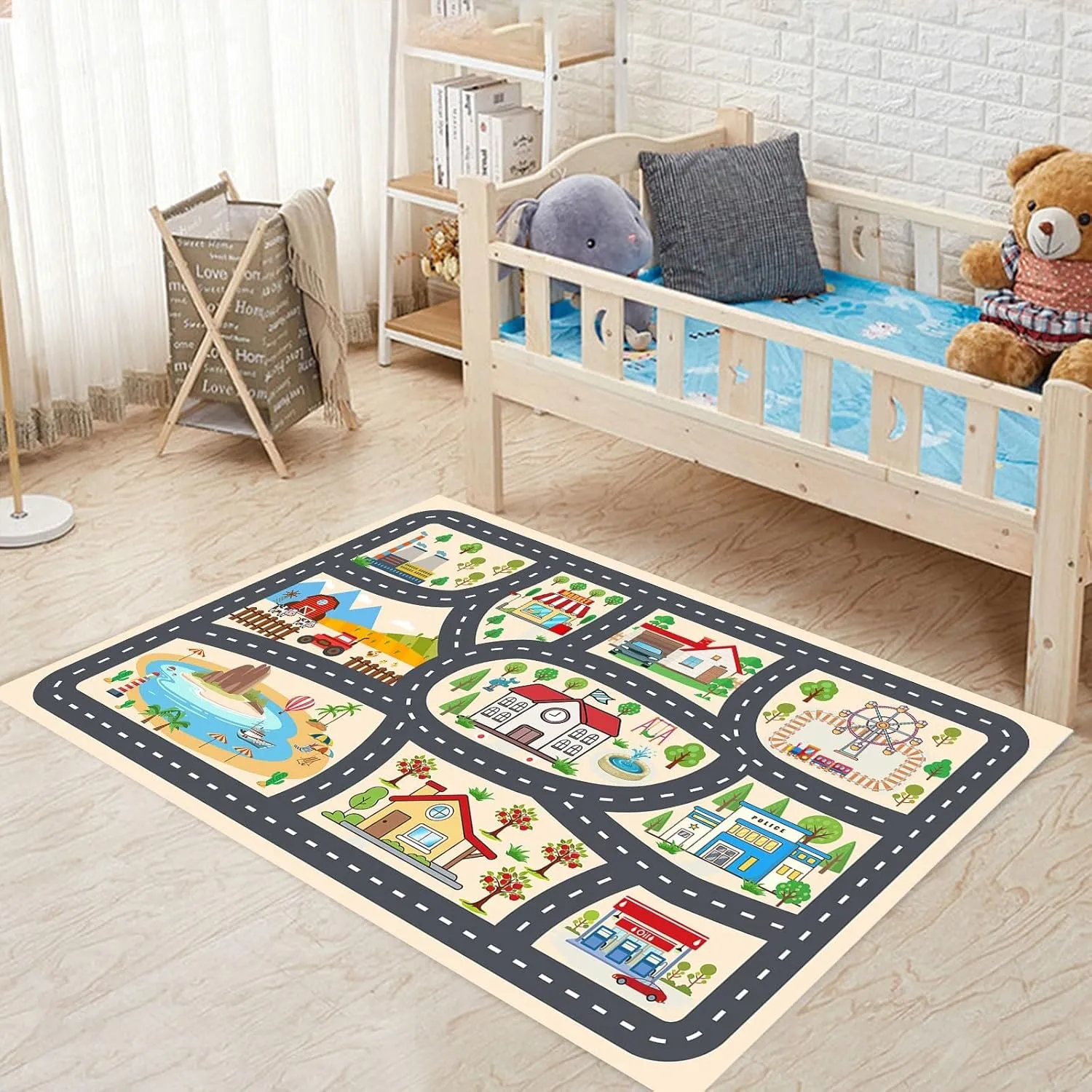 Kids Car Rug Play Mat Carprt for Playroom Classroom, largr Educational Area Rugs with Non-Slip Backing, City Life Play Carpet for Playing Cars Toys Ideal Gift for Children Boy Girl 2.6x3.9ft