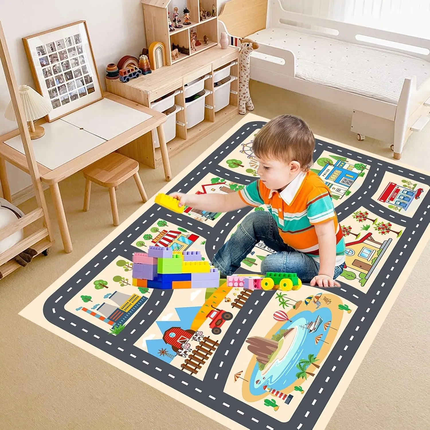 Kids Car Rug Play Mat Carprt for Playroom Classroom, largr Educational Area Rugs with Non-Slip Backing, City Life Play Carpet for Playing Cars Toys Ideal Gift for Children Boy Girl 2.6x3.9ft