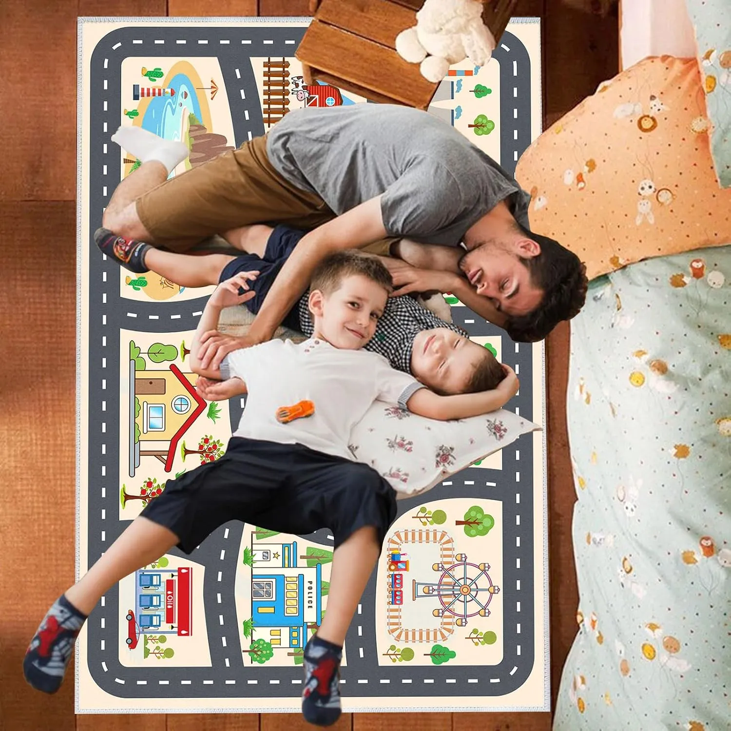 Kids Car Rug Play Mat Carprt for Playroom Classroom, largr Educational Area Rugs with Non-Slip Backing, City Life Play Carpet for Playing Cars Toys Ideal Gift for Children Boy Girl 2.6x3.9ft