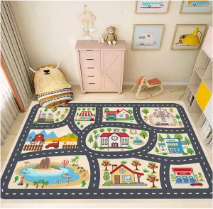 Kids Car Rug Play Mat Carprt for Playroom Classroom, largr Educational Area Rugs with Non-Slip Backing, City Life Play Carpet for Playing Cars Toys Ideal Gift for Children Boy Girl 2.6x3.9ft