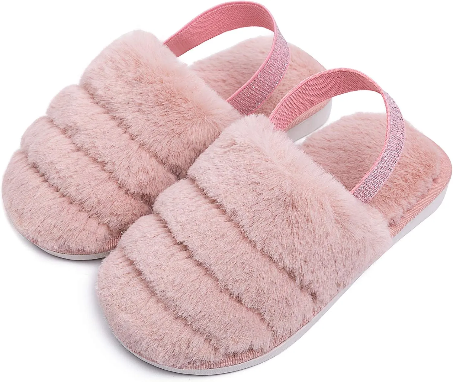 Kids Fluffy Fuzzy Slippers Open Toe House Home Slippers for Boys and Girls Faux Fur Slides with Strap Little Kids Slip-on Shoes