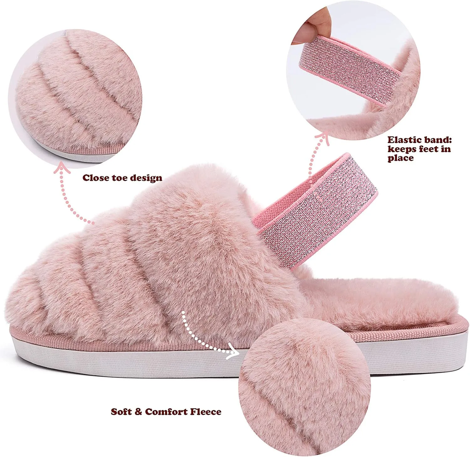 Kids Fluffy Fuzzy Slippers Open Toe House Home Slippers for Boys and Girls Faux Fur Slides with Strap Little Kids Slip-on Shoes
