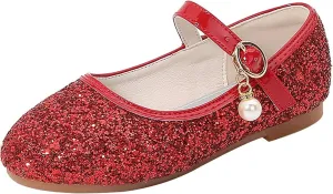 Kids Girl Shiny Sandals High Heels Glitter Flat Shoes Mary Jane Dress Shoes Sequin Shoe Bow Wedding Sandals