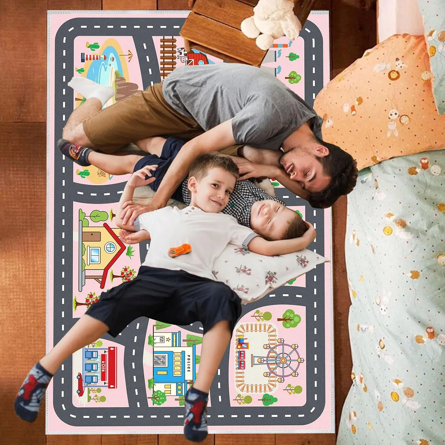 Kids Rug Car Rugs Playmat Carpet for Kids Toy Cars for Playroom Classroom Kids Room, Educational Area Rugs Road Traffic Floor Rug Play Mats, Ideal Gift for Nursery Children Boy Girl 2.6x3.9