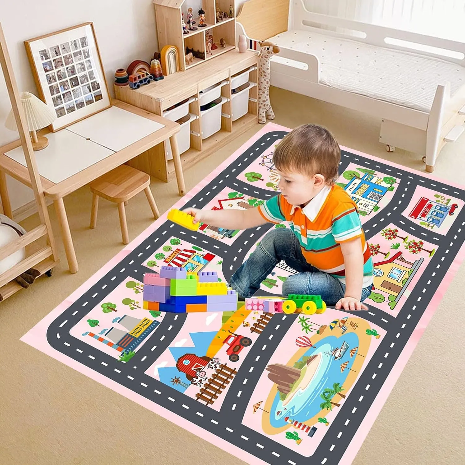 Kids Rug Car Rugs Playmat Carpet for Kids Toy Cars for Playroom Classroom Kids Room, Educational Area Rugs Road Traffic Floor Rug Play Mats, Ideal Gift for Nursery Children Boy Girl 2.6x3.9