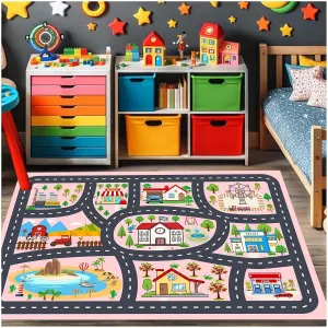Kids Rug Car Rugs Playmat Carpet for Kids Toy Cars for Playroom Classroom Kids Room, Educational Area Rugs Road Traffic Floor Rug Play Mats, Ideal Gift for Nursery Children Boy Girl 2.6x3.9