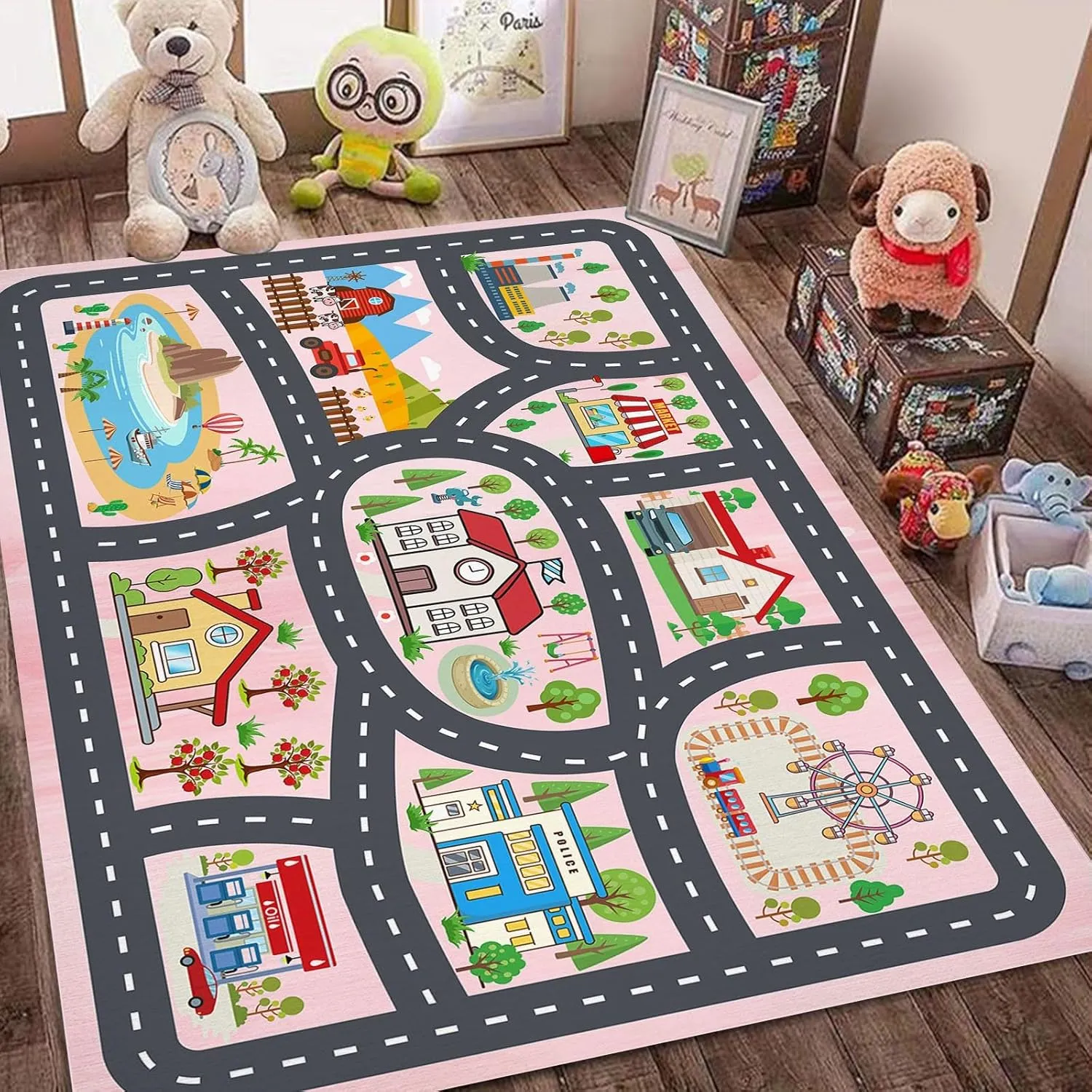 Kids Rug Car Rugs Playmat Carpet for Kids Toy Cars for Playroom Classroom Kids Room, Educational Area Rugs Road Traffic Floor Rug Play Mats, Ideal Gift for Nursery Children Boy Girl 2.6x3.9