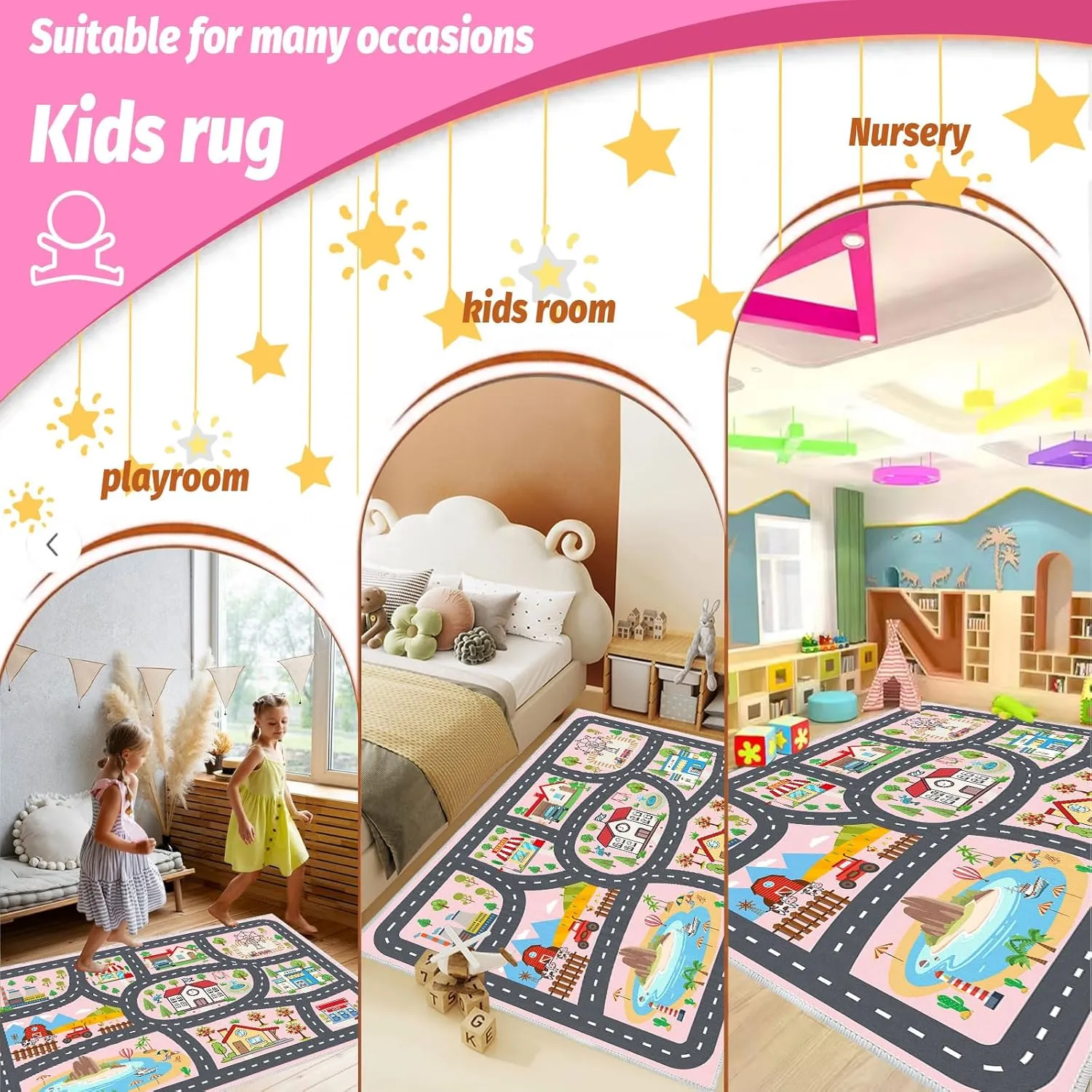 Kids Rug Car Rugs Playmat Carpet for Kids Toy Cars for Playroom Classroom Kids Room, Educational Area Rugs Road Traffic Floor Rug Play Mats, Ideal Gift for Nursery Children Boy Girl 2.6x3.9
