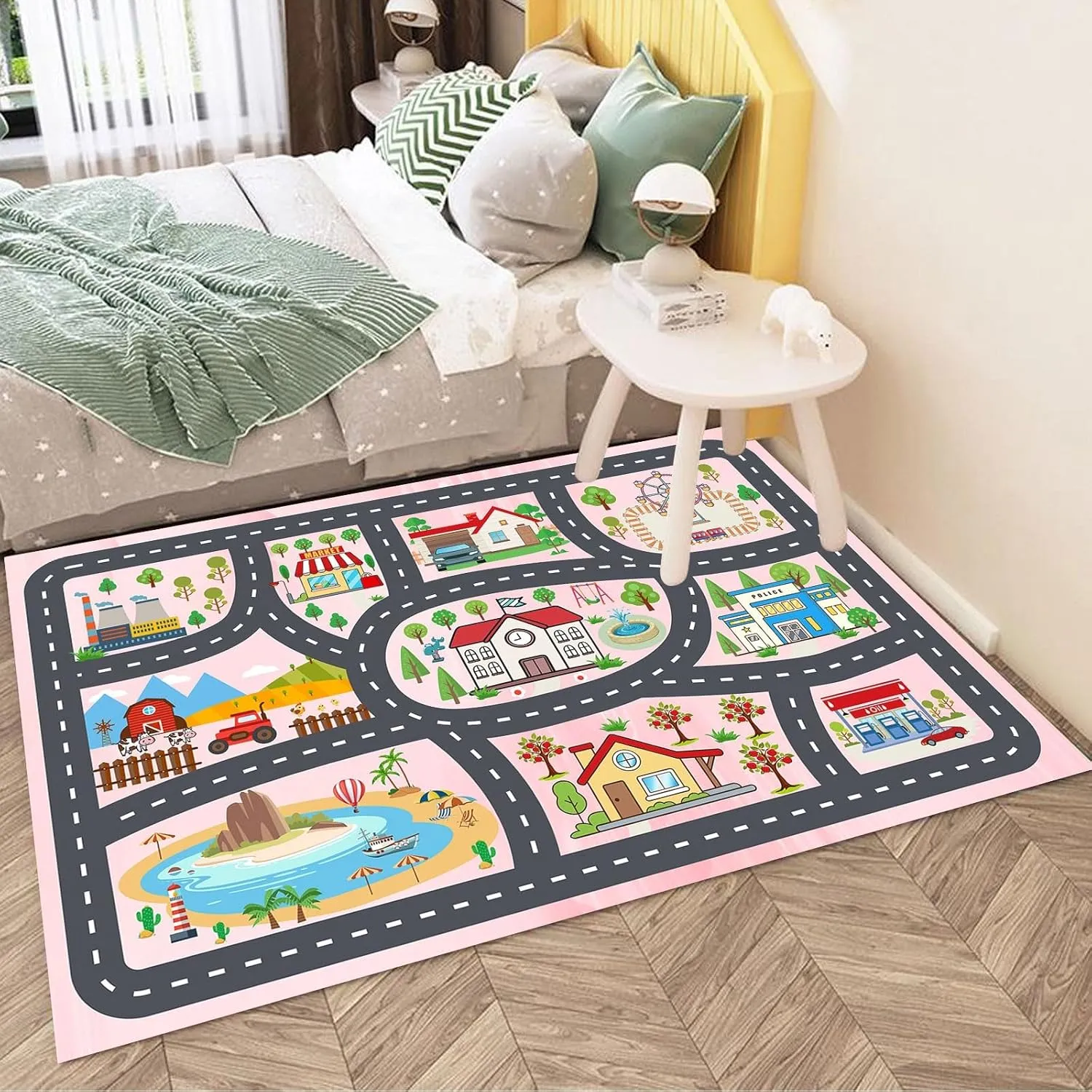 Kids Rug Car Rugs Playmat Carpet for Kids Toy Cars for Playroom Classroom Kids Room, Educational Area Rugs Road Traffic Floor Rug Play Mats, Ideal Gift for Nursery Children Boy Girl 2.6x3.9