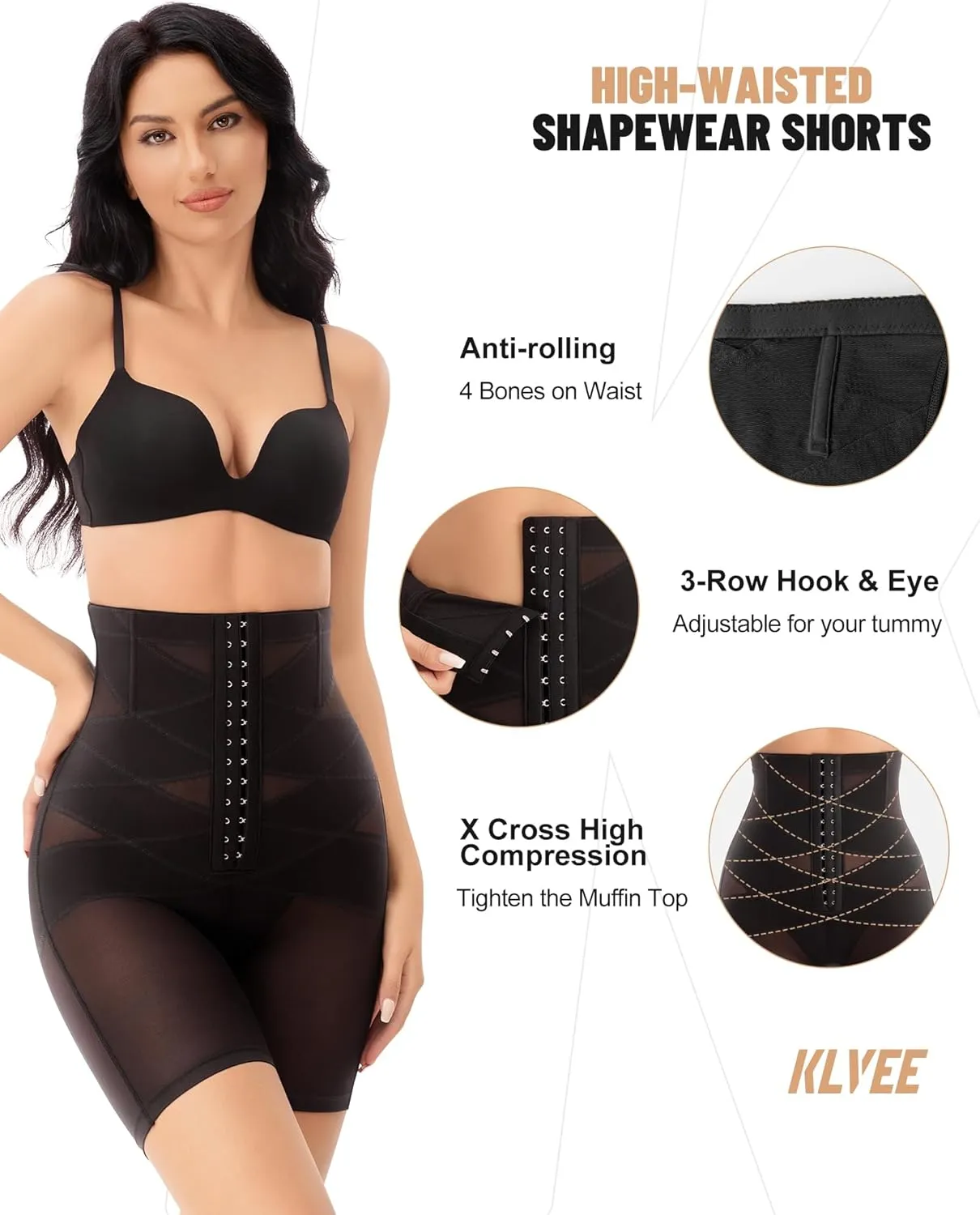 KLVEE Shapewear Tummy Control Women High Waisted Body Shaper Shorts Adjustable Waist Trainer