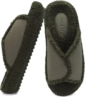 KUAILU Women Cozy Slippers Comfortable Suede Faux Fluff Warm Sherpa Lining House slippers for ladies Bedroom Memory Foam Cushioned Orthotic Open Toe Slides Thick Hard Sole Indoor&Outdoor (US Size 5-11)