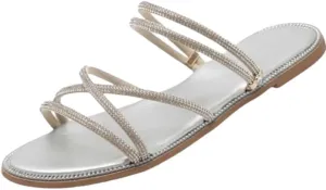 Ladies' rhinestone decorated flat slippers - Lightweight opening design, breathable fabric upper layer and adjustable back strap, anti-slip rubber sole, suitable for summer casual or formal wear