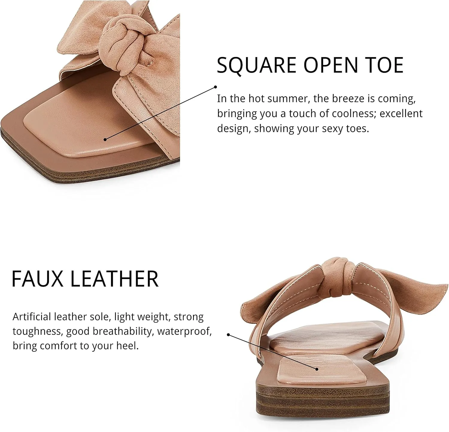 LAICIGO Womens Slip on Bow Sandals Dressy Comfortable Flat Sandals Square Toe Summer Slides