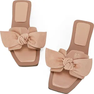 LAICIGO Womens Slip on Bow Sandals Dressy Comfortable Flat Sandals Square Toe Summer Slides