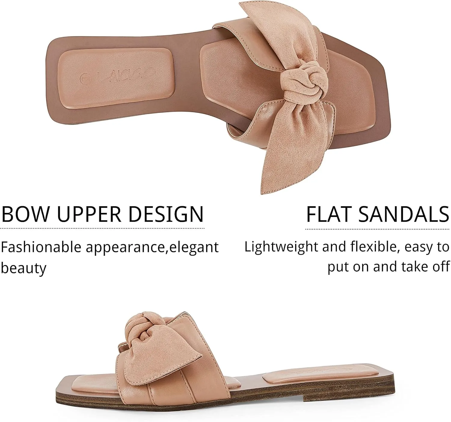 LAICIGO Womens Slip on Bow Sandals Dressy Comfortable Flat Sandals Square Toe Summer Slides