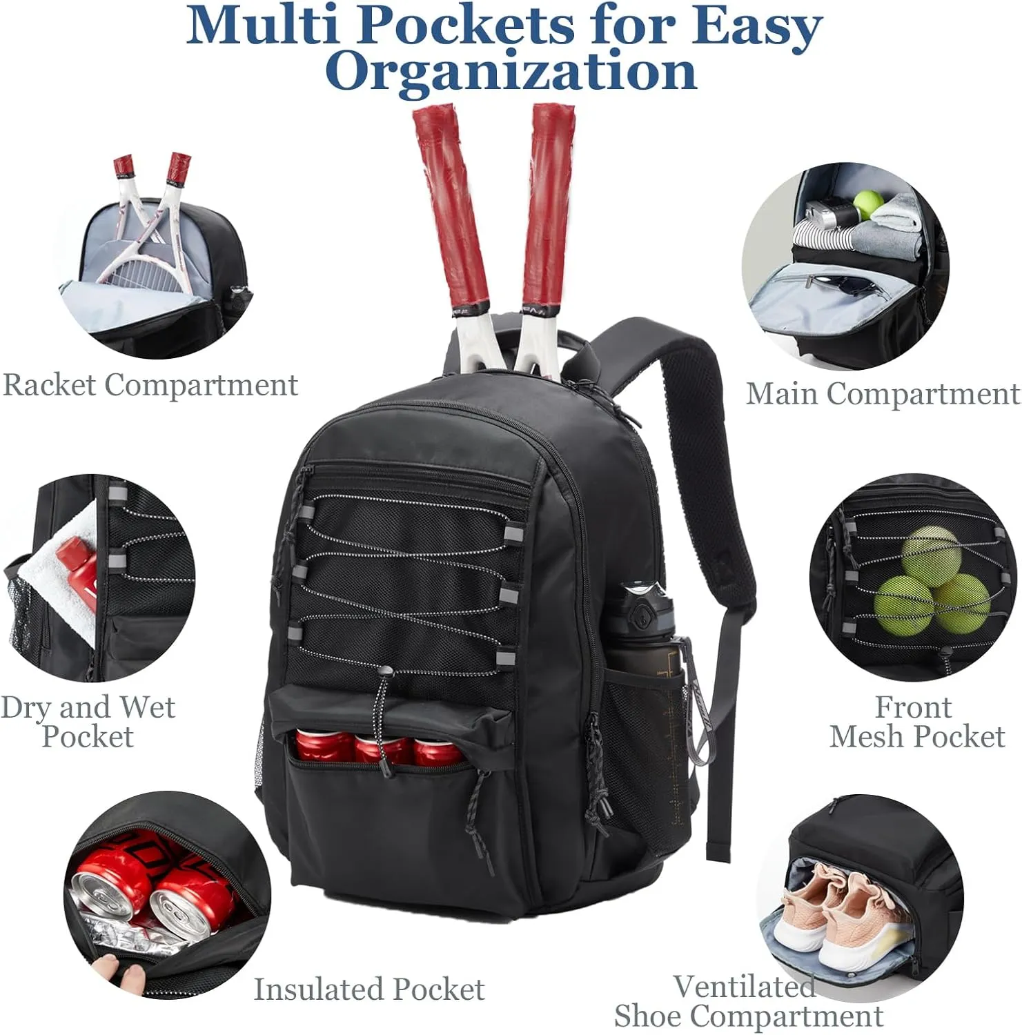 LANBX Tennis Bag, Tennis Backpack for Women Men 2 Rackets with Insulated Pocket Shoe Compartemnt for Pickleball Tennis